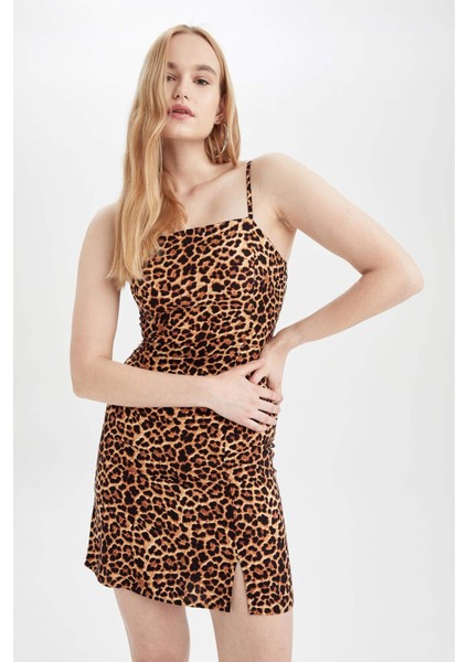 Bodycon Kare Yaka Baskılı Mini Askılı Elbise W6796AZ22SM