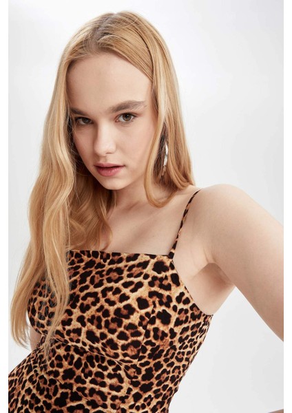 Bodycon Kare Yaka Baskılı Mini Askılı Elbise W6796AZ22SM indirimleri