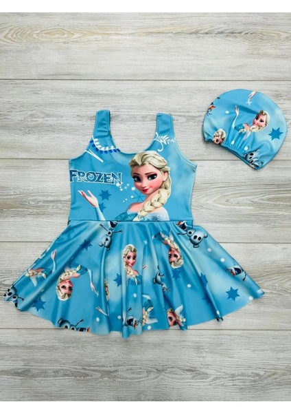 Kız Çocuk Mavi Elsa Desenli Volan Etekli Boneli Mayo Etekli