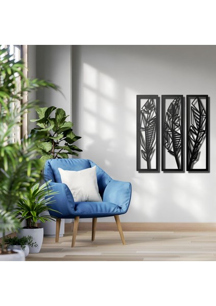 3 Lü Kuş Tüyü Bitki Desenli Metal Duvar Tablosu Dekoratif Ev ve Ofis Için Özel Tasarım