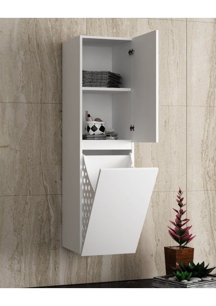 Çamaşır Sepetli Boy Dolaplı Aynalı Banyo Dolabı Takımı 65+35 cm Seramik Lavabolu Komple Mdf