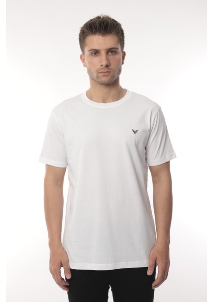 Slim Fit Kısa Kol Nakışlı %100 Pamuklu T-Shirt - Beyaz