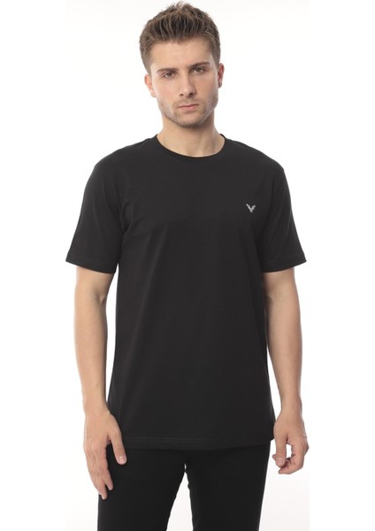 Slim Fit Kısa Kol Nakışlı %100 Pamuklu T-Shirt - Siyah