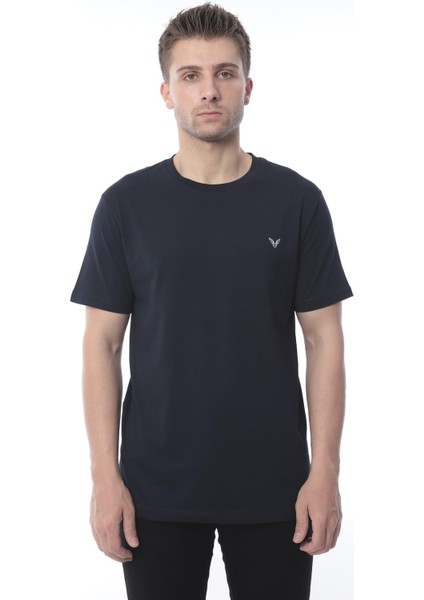 Slim Fit Kısa Kol Nakışlı %100 Pamuklu T-Shirt - Lacivert