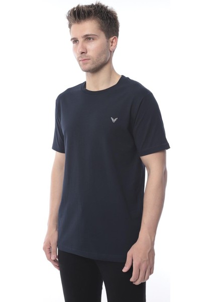Slim Fit Kısa Kol Nakışlı %100 Pamuklu T-Shirt - Lacivert fiyatları