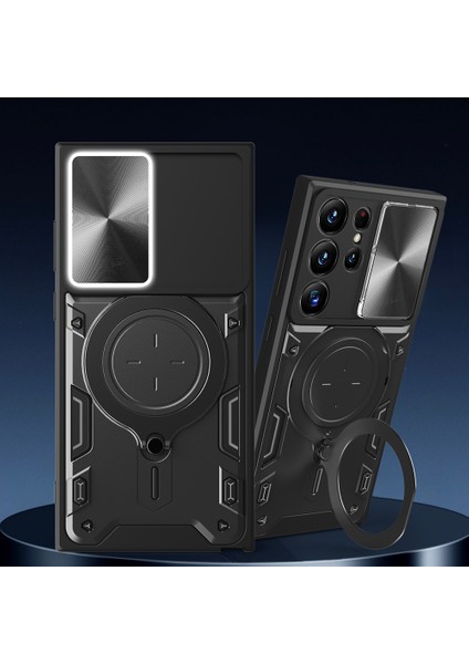 Samsung Galaxy S22 Ultra 5g Slayt Kamera Lid Pc + Tpu Arka Kapak Döndürülebilir Halka Kickstand Telefon Kasası Için (Yurt Dışından)