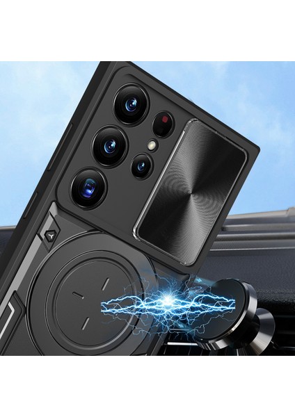 Samsung Galaxy S22 Ultra 5g Slayt Kamera Lid Pc + Tpu Arka Kapak Döndürülebilir Halka Kickstand Telefon Kasası Için (Yurt Dışından)