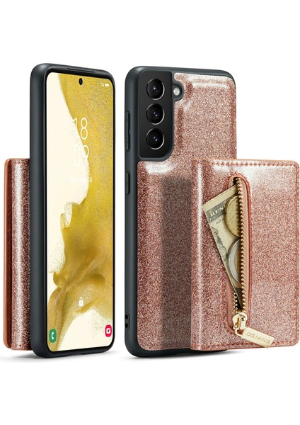 Samsung Galaxy S22 5g Işıltılı Pu Deri Kaplı Pc+Tpu Cüzdan Kasası Manyetik Çıkarılabilir Kickstand Fermuar Cep Telefonu Kapağı (Yurt Dışından)