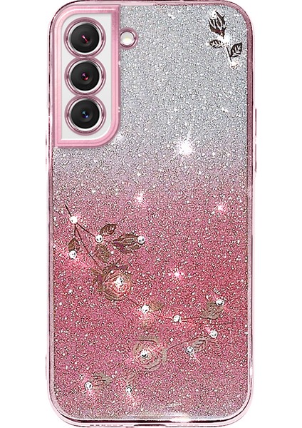 Samsung Galaxy S22+ 5g Telefon Kapağı Rhinestone Tasarım Çiçek Desen Dekor Gradyan Renkli Pırıltılı Toz Esnek Tpu Cep Telefonu Kılıf Golü Altın (Yurt Dışından)