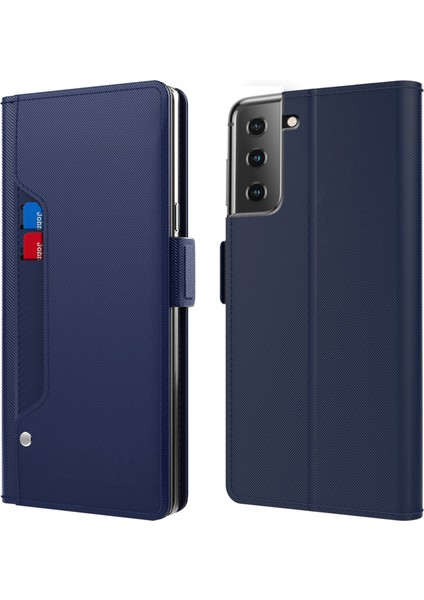Samsung Galaxy S22 5g Anti-Çizelge Pu Deri Deri Flip Telefon Kılıf Kart Tutucu Stand Çift Manyetik Toka Telefon Kapağı Makyaj Aynalı (Yurt Dışından)