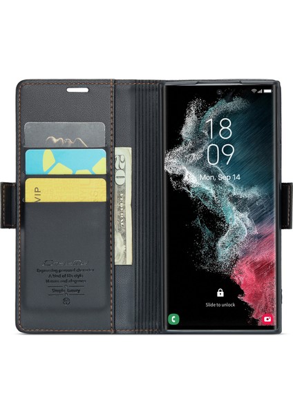 Samsung Galaxy S22 Ultra 5g Deri Cüzdan Kılıfı Rfıd Blowantıng Stand Litchi Doku Telefon Kapağı (Yurt Dışından)