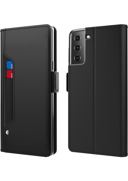 Samsung Galaxy S22 5g Anti-Çizelge Pu Deri Deri Flip Telefon Kılıf Kart Tutucu Stand Çift Manyetik Toka Telefon Kapağı Makyaj Aynalı (Yurt Dışından)