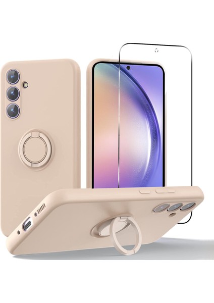 Galaxy A54 5g Kickstand Sıvı Silikon Telefon Kılıfı 2.5d Ark Kenar Temperli Cam Ekran Film (Yurt Dışından)