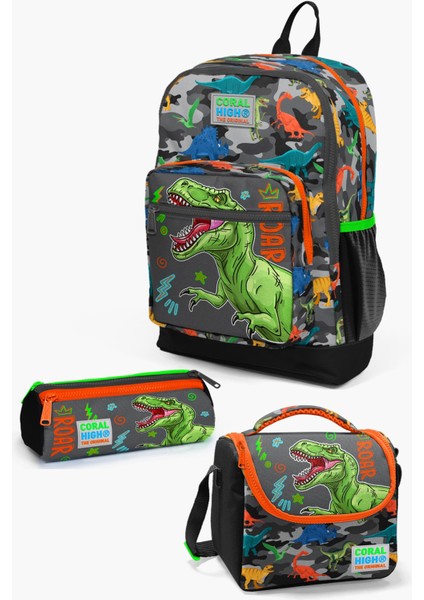 Kids Siyah Gri Dinozor Desenli 3’lü Okul Çanta Seti SET0123744