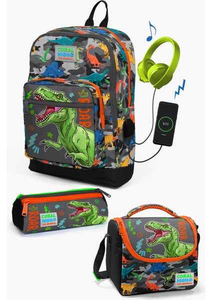 Kids Siyah Gri Dinozor Desenli Usb'li 3’lü Okul Çanta Seti SET0123844