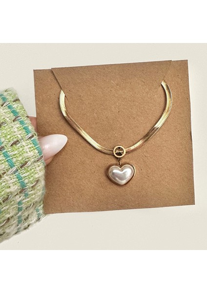 Çelik Sedefli Kalp Detaylı Italyan Zincir Kolye