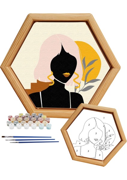 Sayılarla Minimalist Ahşap Çerçeveli Hobi Tablo Setleri 24 x 28 cm Tuval Şasesine Gerili Altıgen Kadın Figürü