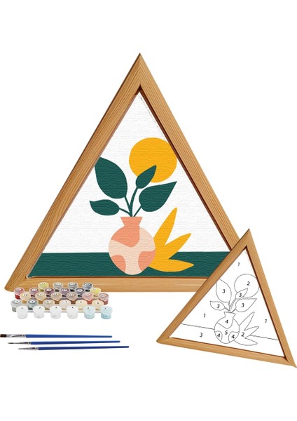 Sayılarla Minimalist Ahşap Çerçeveli Hobi Tablo Setleri 27 x 31 cm Tuval Şasesine Gerili Üçgen Saksıdaki Bitki
