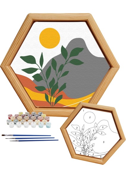 Sayılarla Minimalist Ahşap Çerçeveli Hobi Tablo Setleri 24 x 28 cm Tuval Şasesine Gerili Altıgen Manzaradaki Bitki