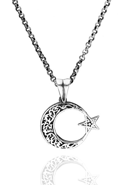 925 Ayar Gümüş Desenli Ayyıldız Erkek Kolyesi