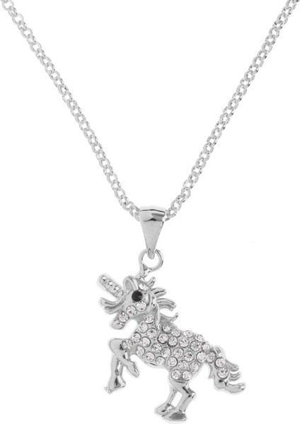 Parlak Rhinestone Unicorn Kolye Mistik At Kolye Kız Kadın Fantezi Elbise Beyaz Gümüş (Yurt Dışından)