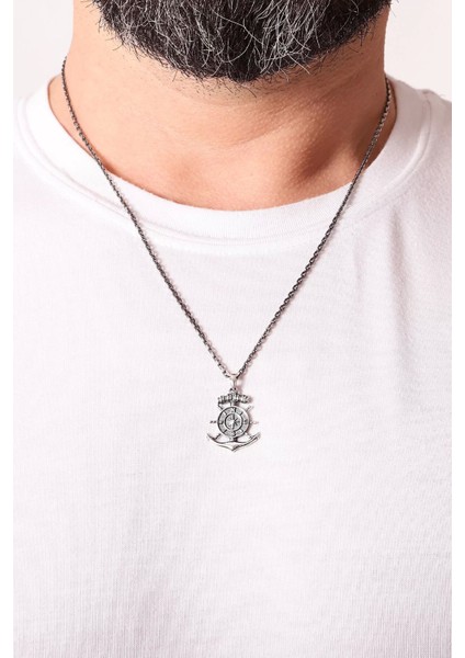 925 Ayar Pusulalı Gemi Çapası Erkek Kolye Silver