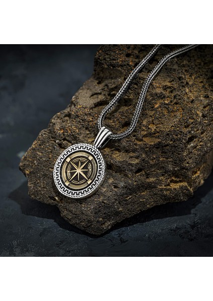 925 Ayar Gümüş Pusula Tasarım Erkek Kolye