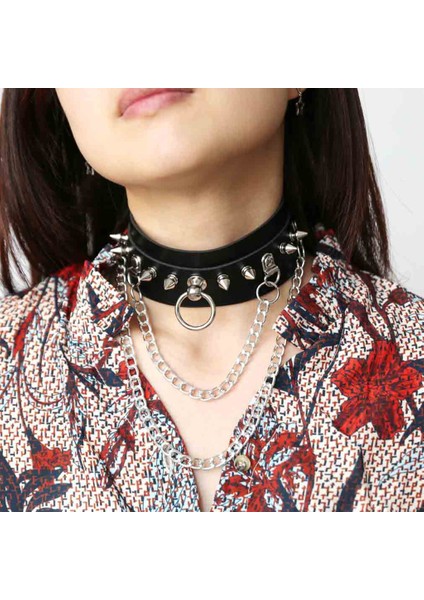 Kadın Punk Gotik Yaka Gerdanlık Pu Spike Kolye Zincir Charms Gerdanlık Siyah (Yurt Dışından)