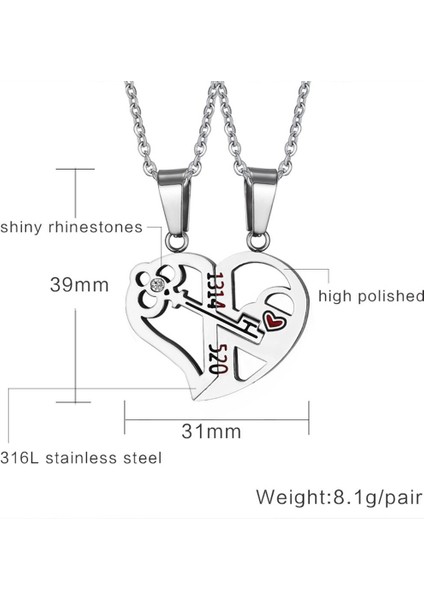 316L Paslanmaz Çelik Bulmaca Eşleştirme Aşk Kalp Anahtar Kolye Kolye Gümüş (Yurt Dışından)