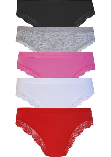 5li Kadın Pamuklu Paça Dantelli Yüksek Bel Külot Iç Çamaşırı Işık