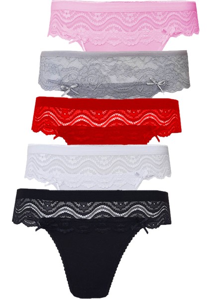 5li Kadın Dantelli Bikini Külot Pamuklu Arkası Düz Kaliteli Fnd