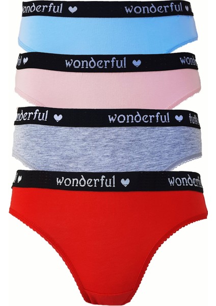 4lü Kadın Yazılı Pamuklu Bikini Külot Renkli Spor Iç Çamaşırı