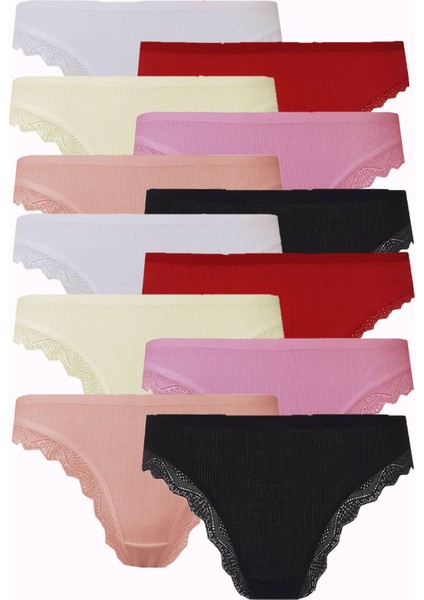 12LI Kadın Kaşkorse Dantelli Bayan Külot Pamuklu Renkli Bikini