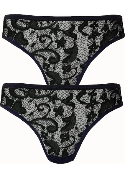 2li Kadın Önü Dantel Bikini Arkası Düz Ince Lastik Ekonomik
