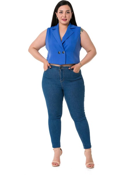 Büyük Beden Kruvaze Çift Düğmeli Indigo Mini Yelek