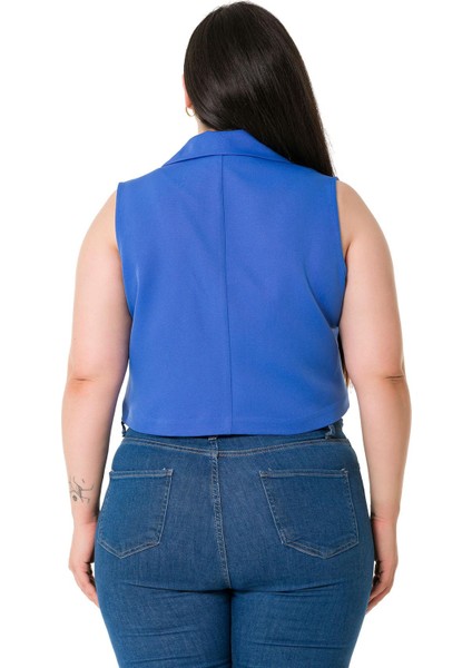 Büyük Beden Kruvaze Çift Düğmeli Indigo Mini Yelek modelleri