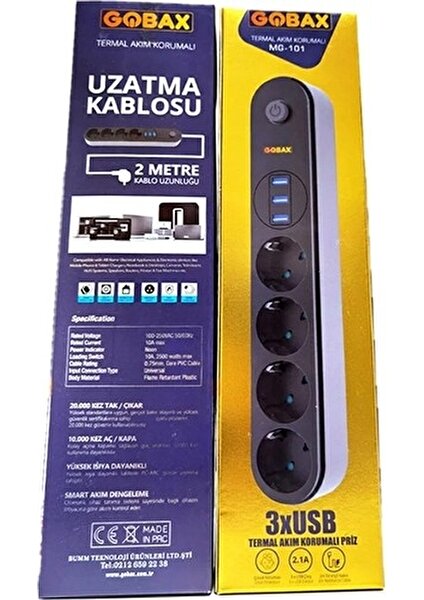 Cep Home Gobax Termal Akım Korumalı Priz ve 3'lü USB Şarj Girişi - 2 Metre Kablolu