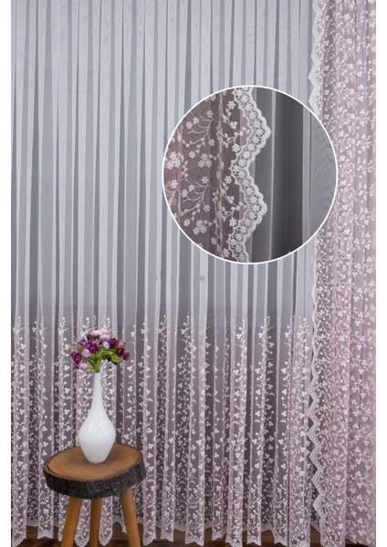 Pudra Pembe Sağ Sol Kanat Fon ve Iç Tül Takım Kombin Etek Nakış Papatyalı Degrade Tül Perde fiyatları