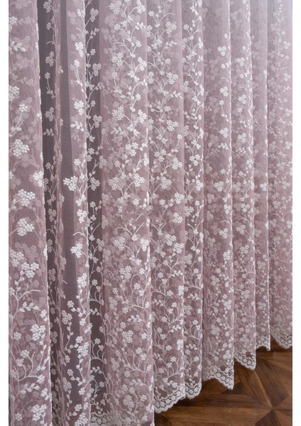 Pudra Pembe Sağ Sol Kanat Fon ve Iç Tül Takım Kombin Etek Nakış Papatyalı Degrade Tül Perde modelleri