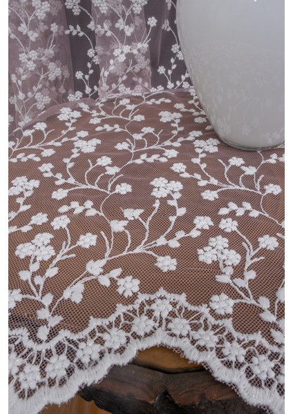 Pudra Pembe Sağ Sol Kanat Fon ve Iç Tül Takım Kombin Etek Nakış Papatyalı Degrade Tül Perde fırsatları