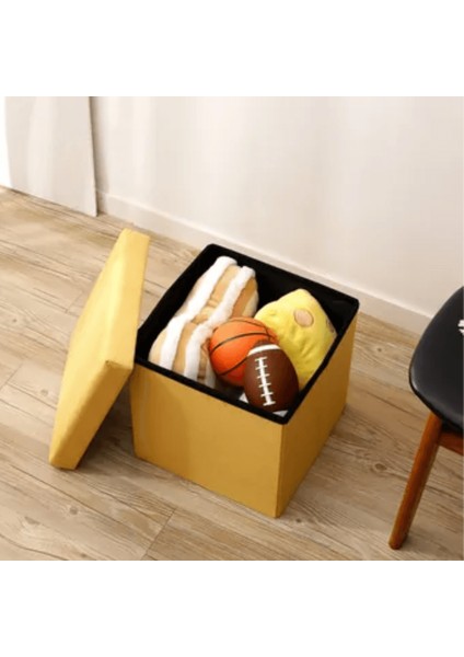 Süet Kumaş Puf Fonksiyonlu Saklama Kutusu 33CM - Sarı
