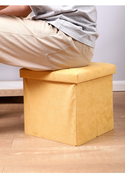 Süet Kumaş Puf Fonksiyonlu Saklama Kutusu 33CM - Sarı modelleri