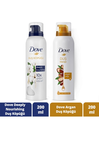 Köpük Duş Jeli Argan Yağı 200 ml x1 + Dove Duş Köpüğü Depply Nourishing 200 ml x1