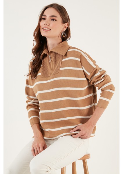 Çizgili Yarım Fermuarlı Oversize Triko Kazak Bayan Kazak 4616080