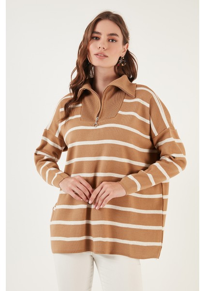 Çizgili Yarım Fermuarlı Oversize Triko Kazak Bayan Kazak 4616080 modelleri
