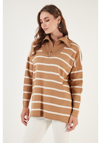 Çizgili Yarım Fermuarlı Oversize Triko Kazak Bayan Kazak 4616080 fırsatları