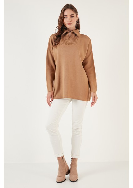 Yarım Fermuarlı Oversize Triko Kazak Bayan Kazak 4616079 fırsatları