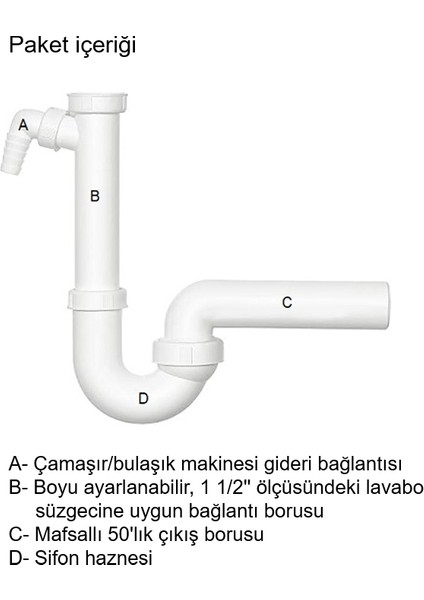 Koku Önleyici Lavabo ve Evye Sifonu 100/1, Çamaşır Bulaşık Makinesi Gideri Bağlanabilir, Koku Yapmaz, Kolay Uygulanır Mafsallı 50'lik Çıkış Borulu, 1 1/2'' Lavabo Süzgecine Uygun Bağlantılı