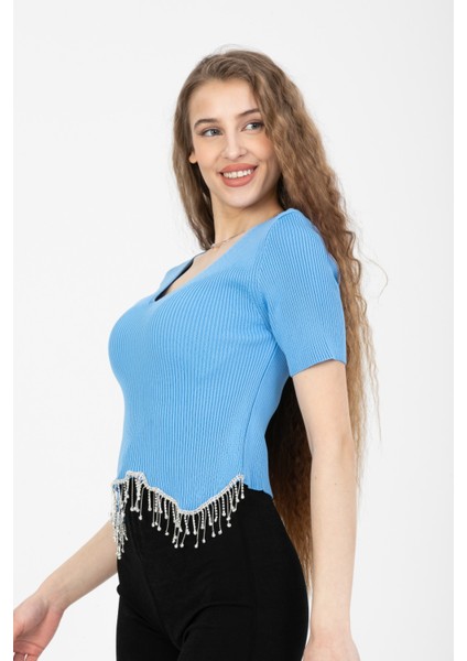 Kadın Beli Zincir ve Taş Detaylı Kısa Kol Crop Bluz Mavi