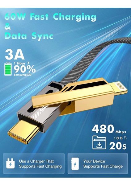 4in1 Usb+C Type C To Lightning Şarj Kablosu Metal Başlık Sağlam Kablo 60W Pd Hızlı Şarj